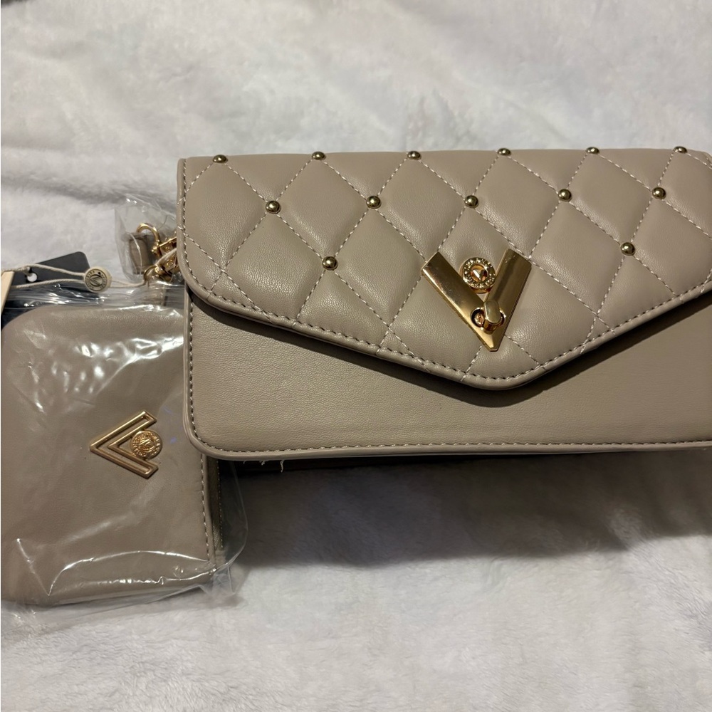 Valentino Orlandi Taupe Quilted Clutch with Gold Accents